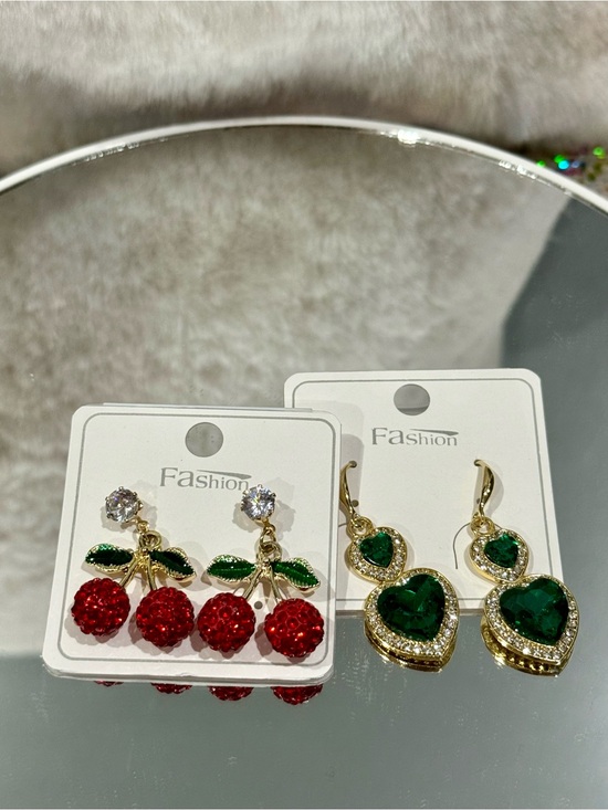 Jewelry - Gold-Tone Red Cherry Dangle Earrings & Green Heart Drop Earrings